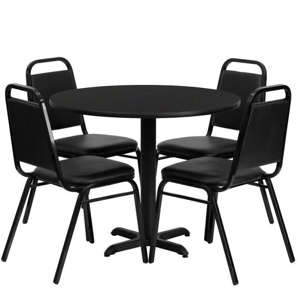 Flash Furniture Carlton 36'' Round Black Laminate Table Set with X-Base and 4 Black Trapezoidal Back Banquet Chairs, HDBF1001-GG