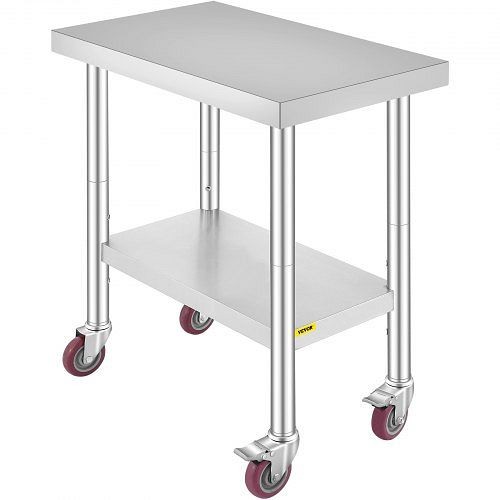 VEVOR Stainless Steel Work Table 30 x 18 x 34 In 4 Wheels Food Prep Commercial Grade 2 Layers, CFGZT30X18X34YC01V0