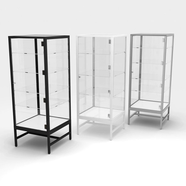 Econoco Glass Showcase Tower with 4 Adjustable Glass Shelves, Matte Black, DDKIT4B