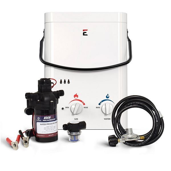 Eccotemp L5 Portable Outdoor Tankless Water Heater with EccoFlo Diaphragm 12V Pump and Strainer, L5-PS
