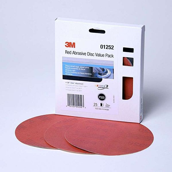3M Red Abrasive Stikit Disc Value Pack, 01252, 6 in, P320 grade, 25 discs per pack, Quantity: 25 pieces, 3MA-051131012523