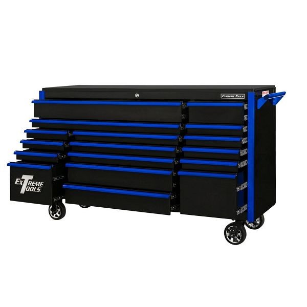 Extreme Tools DX Series 72"W x 21"D 17 Drawer Triple Bank Roller Cabinet 100 lbs Slides Black with Blue Drawer Pulls, DX722117RCBKBL