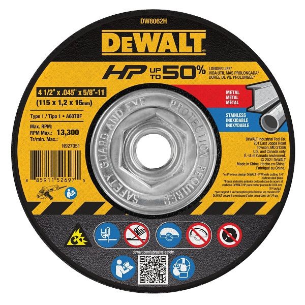 DeWalt 4-1/2" x .045" x 5/8"-11 HP T1 Cutting, DW8062H