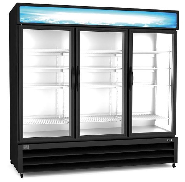 Kelvinator Commercial 3-glass door merchandiser refrigerator, black, 72 cubic feet, R290 refrigerant gas, +33/+41°F, 738308
