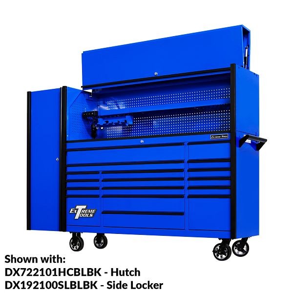 Extreme Tools DX Series 72"W x 21"D 17 Drawer Triple Bank Roller Cabinet 100 lbs Slides Blue with Black Drawer Pulls, DX722117RCBLBK