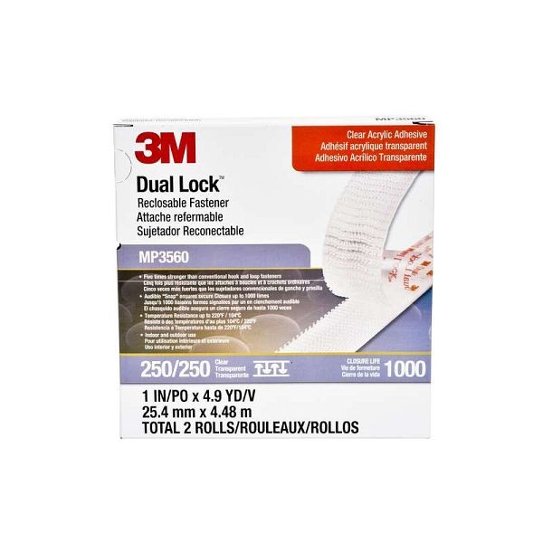 3M Dual Lock Reclosable Fastener MP3560 250 Clear, 1 in x 4.9 yd, 0.22 in engaged thickness, 2 per pack, Boxed, 3MI-05113106463