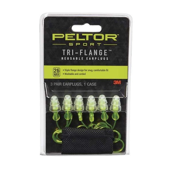 3M Peltor Sport Tri-Flange Corded Reusable Earplugs 97317-10C, 3 Pair Pack Neon Yellow, 3MS-97317-10C