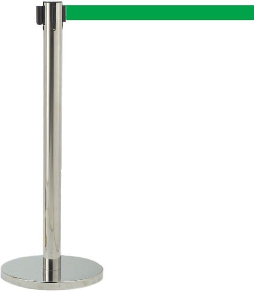 AARCO Form-A-Line™ System With 7' Slow Retracting Belt, Chrome Finish with Green Belt, HC-7GR