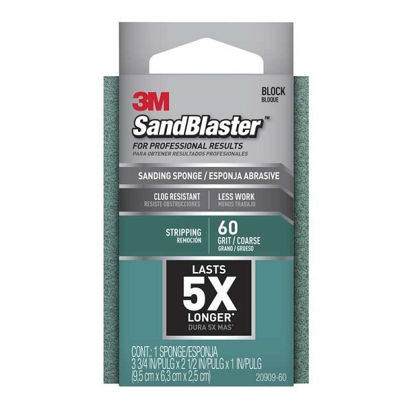 3M SandBlaster Advanced Sanding Sanding Sponge, 20909-60, 60 grit, 3 3/4 in x 2 1/2 x 1 in, Quantity: 12 pieces, 3MA-051111115169